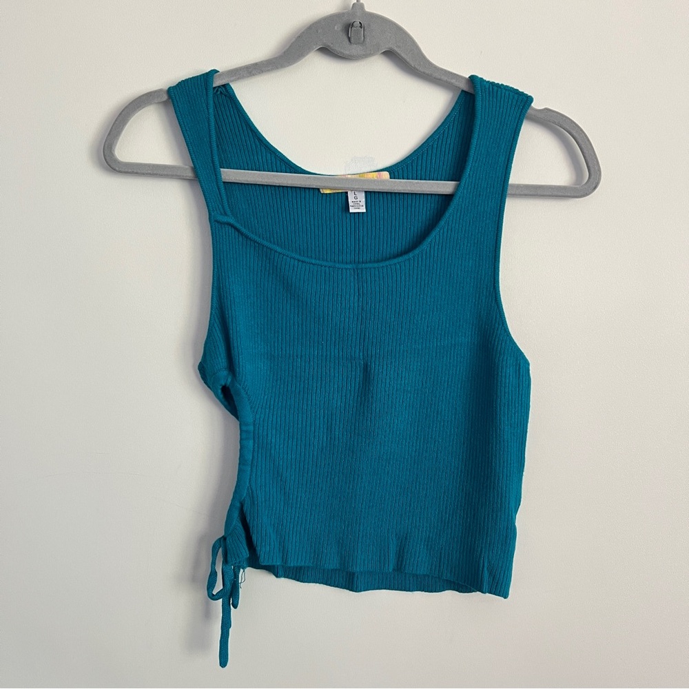 Urban Outfitters Teal Blue Ribbed Knit Cut Out Tank Top Size Large Side Tie